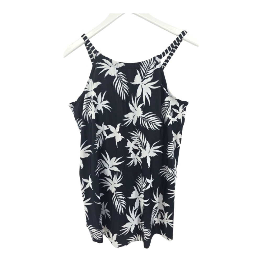 Island Escape Swim Dress Size 14 Black and White Leaf Adjustable Straps